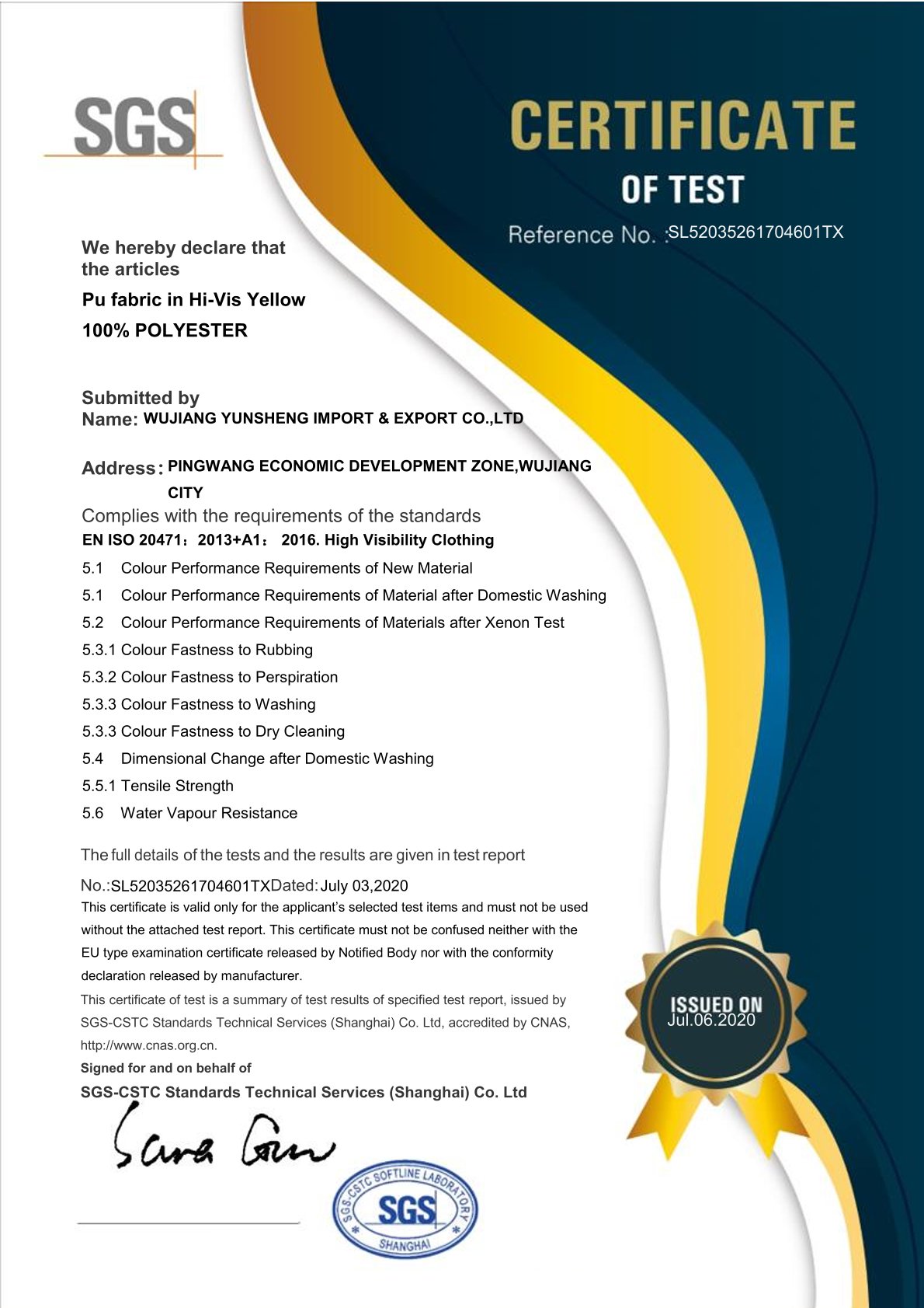 FIUOR YELLOW -PU COATING CERTIFICATION